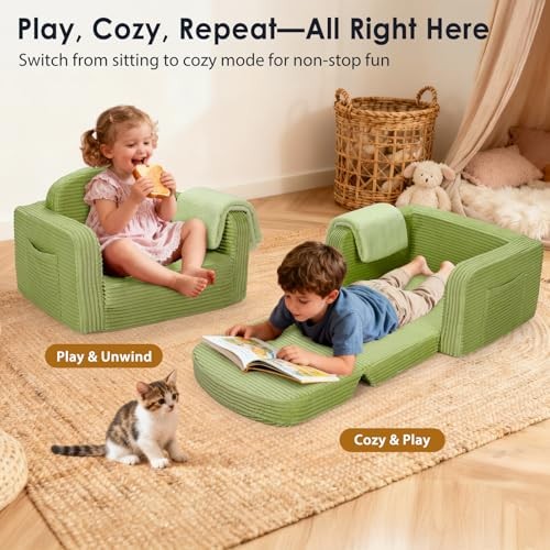 2 in 1 Convertible Kids Couch - Corduroy Fold Out Kids Sofa Chair Medium Green