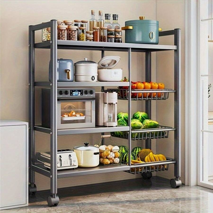 Black 4 Layer Metal Storage Rack With Wheels Kitchen Organizer