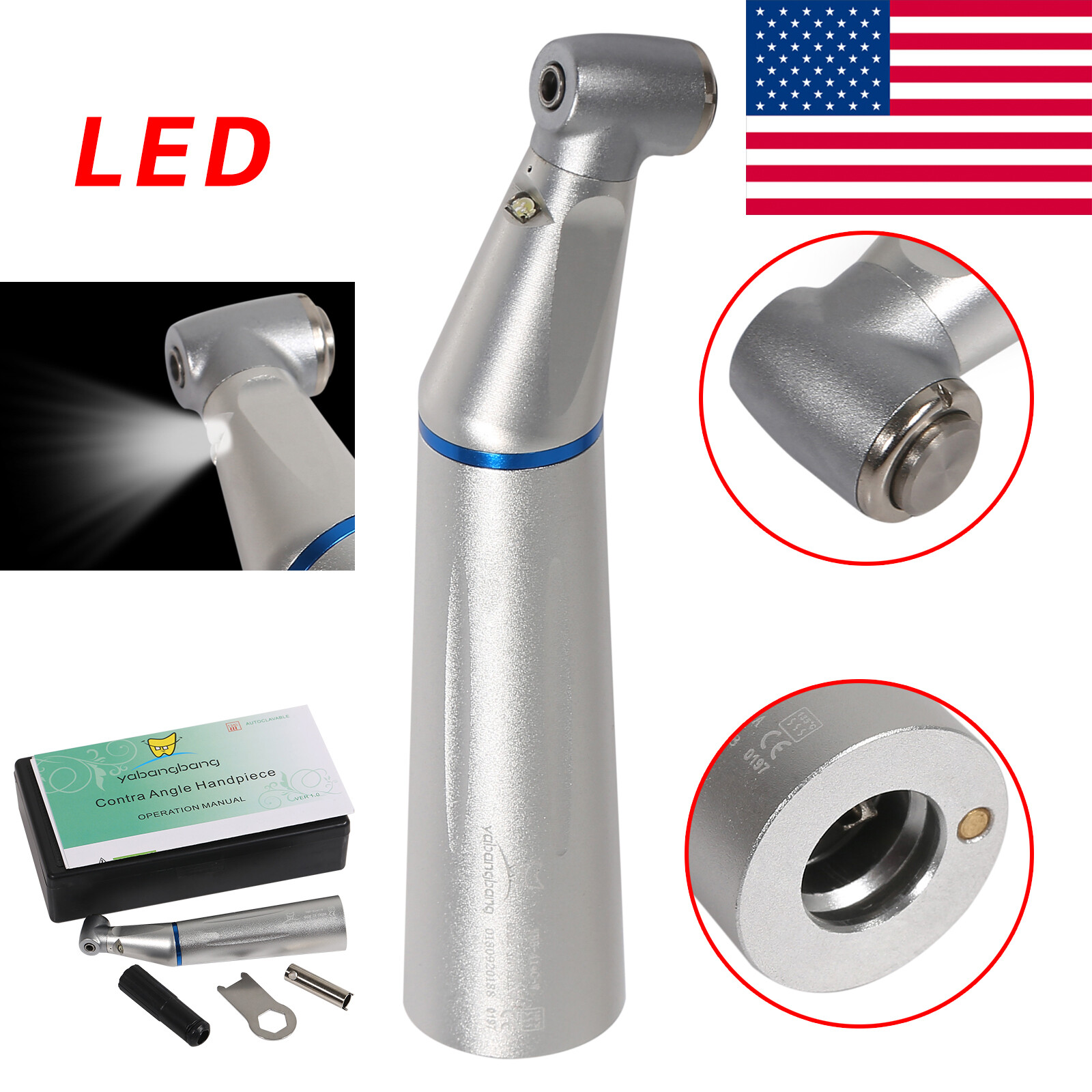 USA Dental Inner LED E-generator Low Speed Contra Angle Handpiece Push Button YH