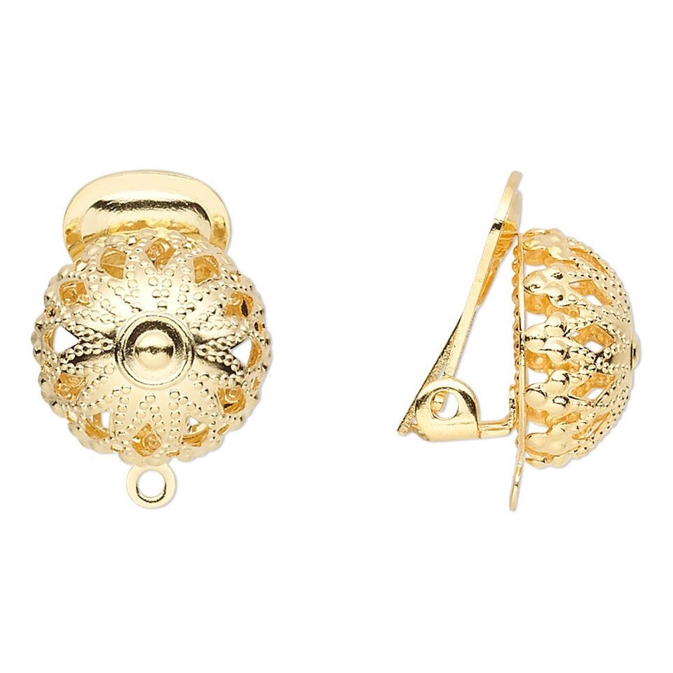 Clip On Earring Hooks Findings Gold 14K Plated 12mm Filigree Dome Ball 2pcs