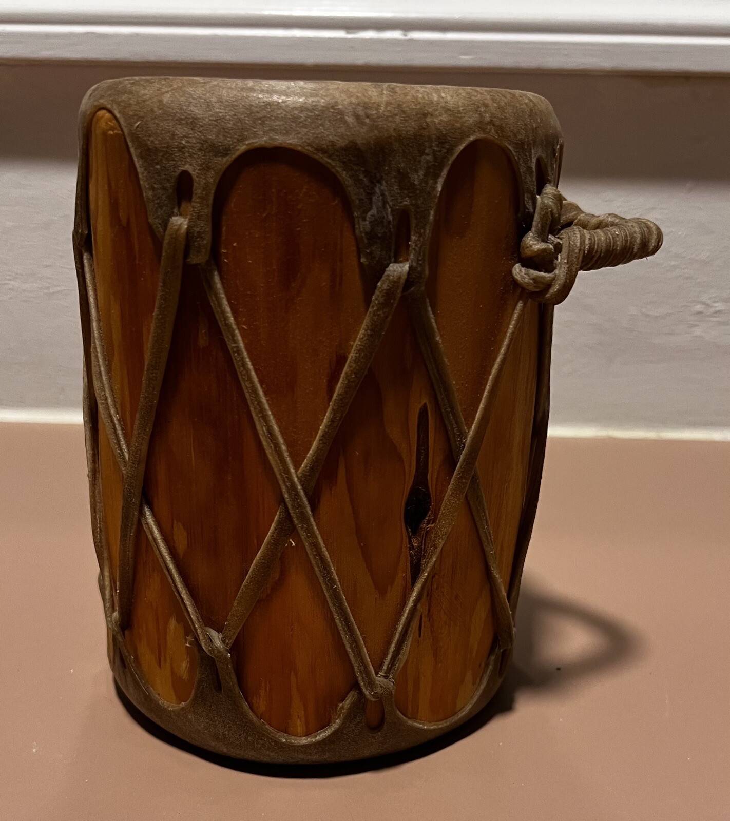 Rustic Native American Rawhide Log Drum 7 high x 5 Wide Preowned G2U