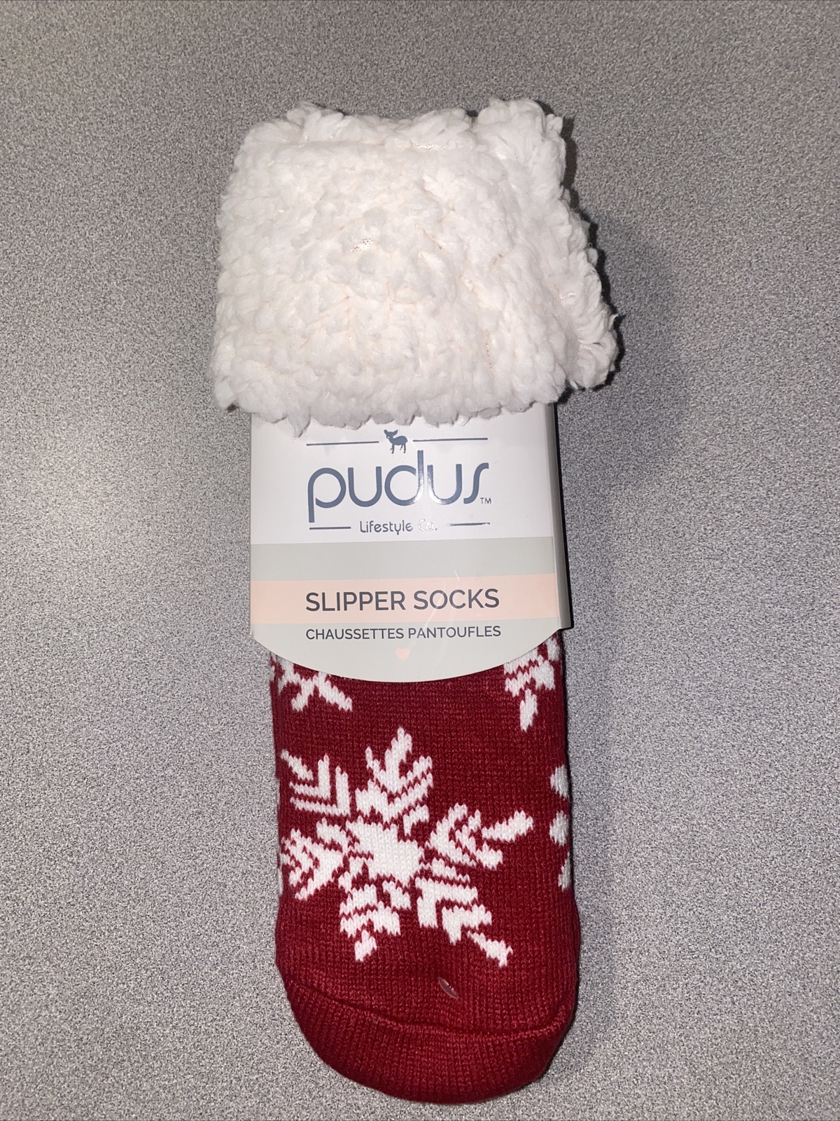 Pudus SF-RSB-C Unisex Snowflake Raspberry Slipper Socks Red. Non Slip Soles.