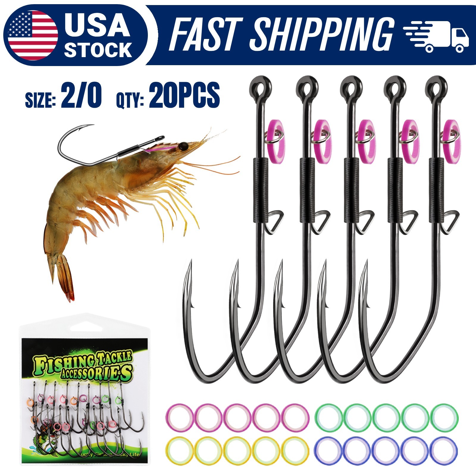 20PCS Live Shrimp Hooks 2/0 V Bend Fishing Bait Hook for Bass Trout Catfish Pike