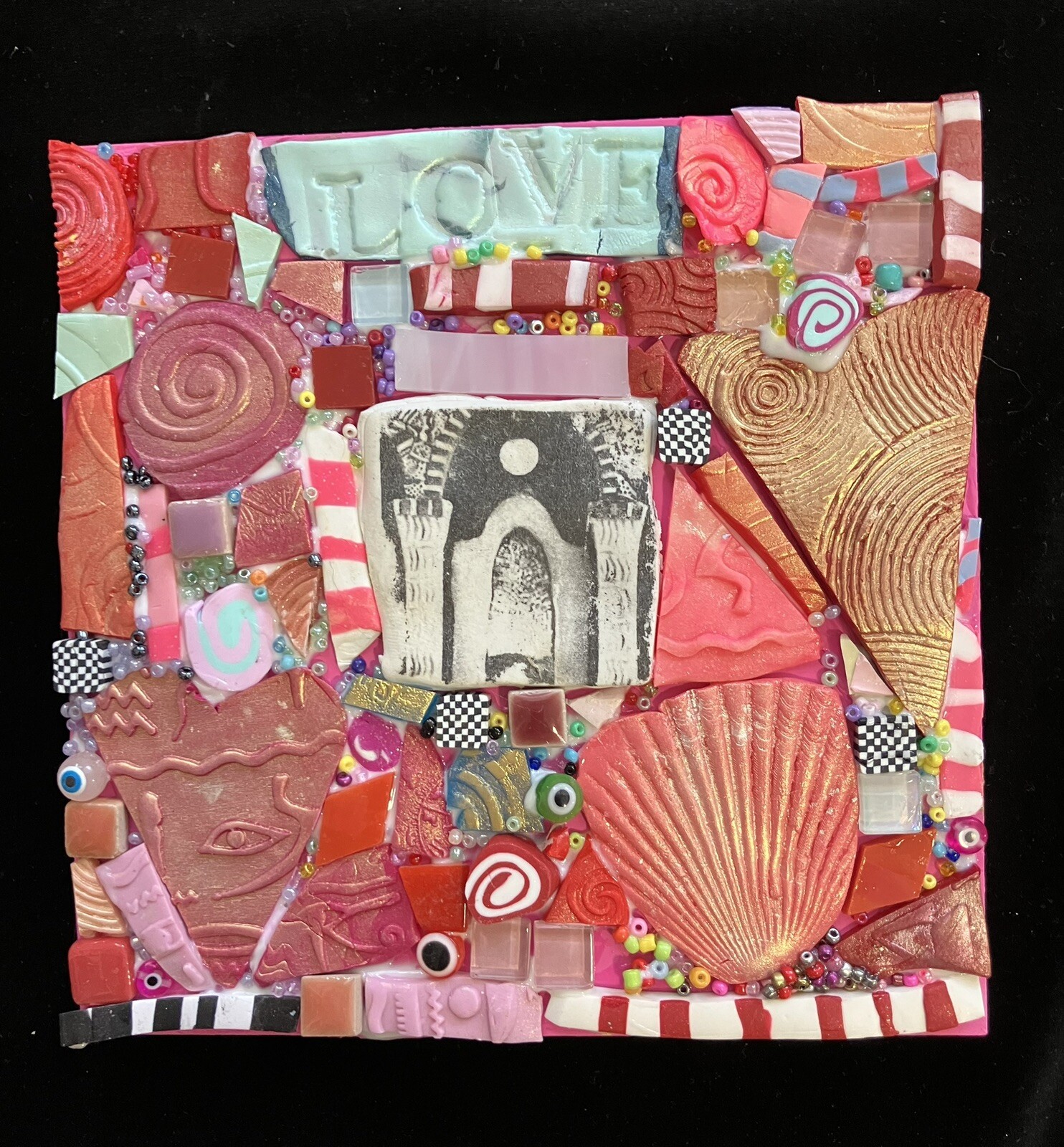 Handmade Mosaic Art “ Follow Your Bliss”Polymer Clay Original On Wood 6”x6”