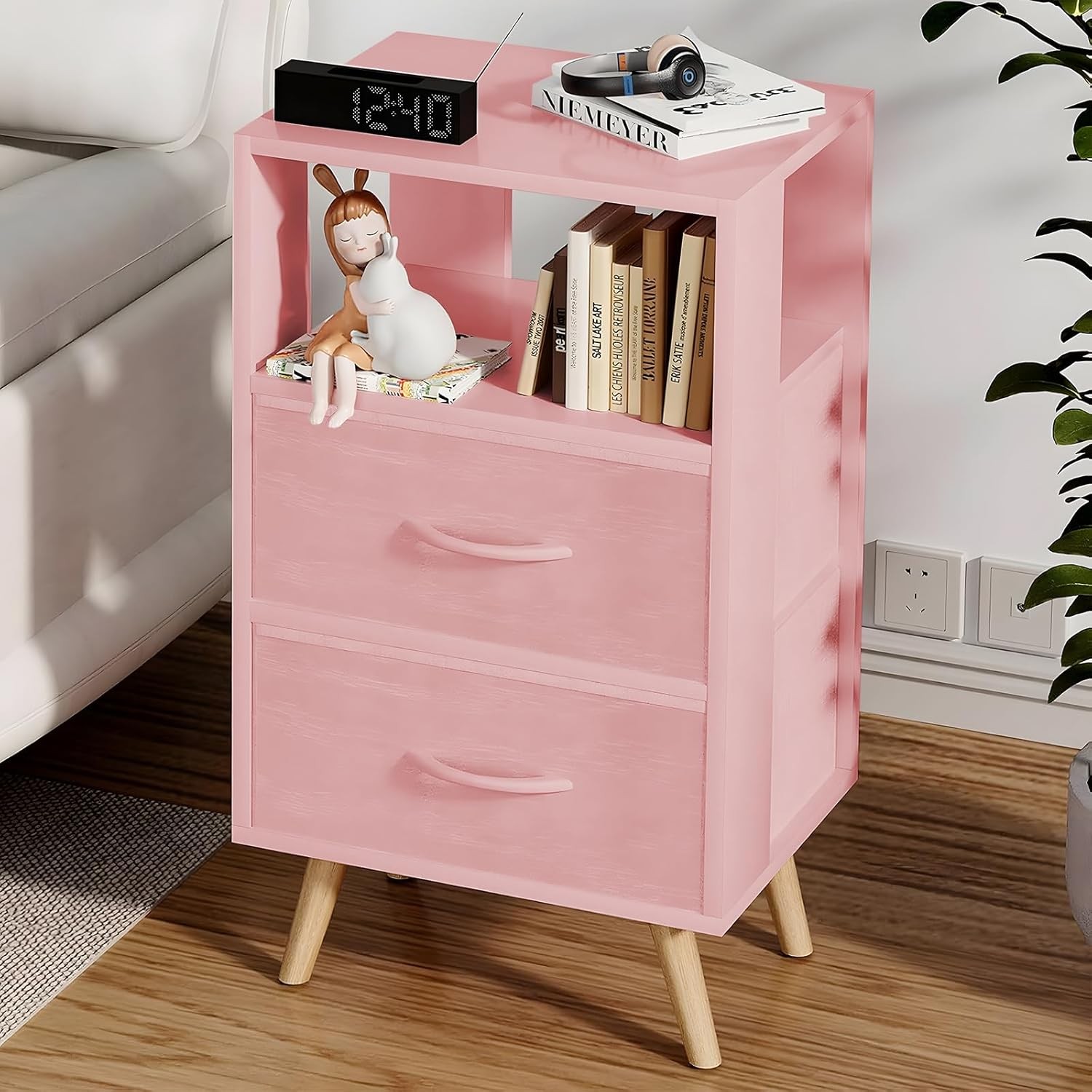 Night Stand Pink Nightstand W/ 2 Fabric Drawers Wooden Side Table W/ Open