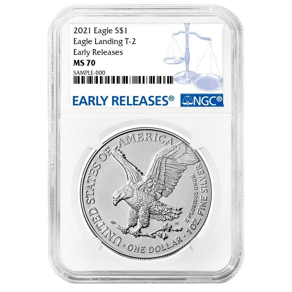 2021 $1 Type 2 American Silver Eagle NGC MS70 ER Blue Label Reverse