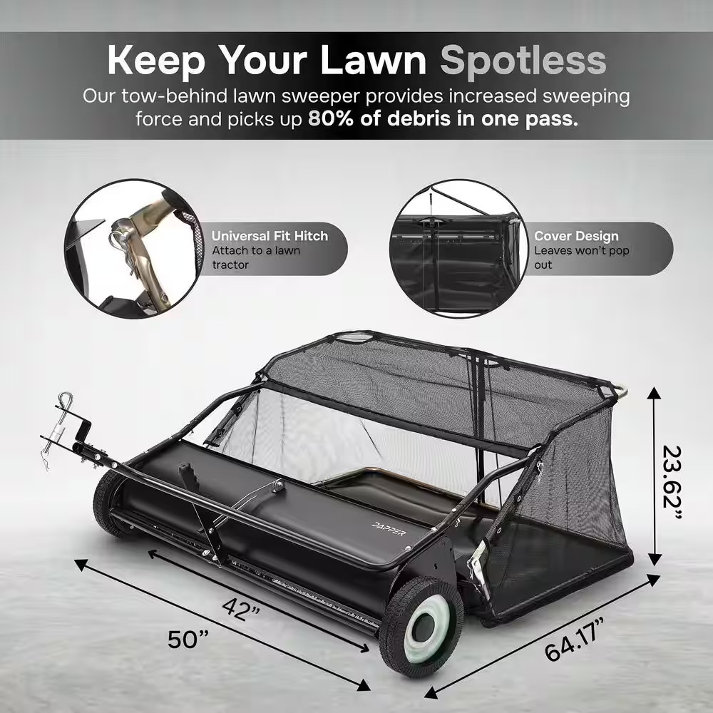 42 In. Lawn Sweeper Tow Behind, 25 Cu. Ft. Large Pull behind Grass Sweeper