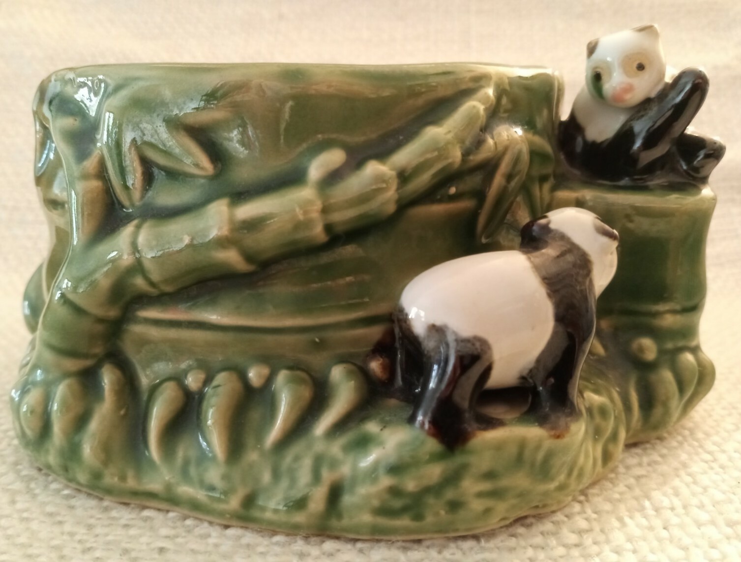 Vintage Panda Bear 🐼 Planter, 2 Pandas, Green Bamboo