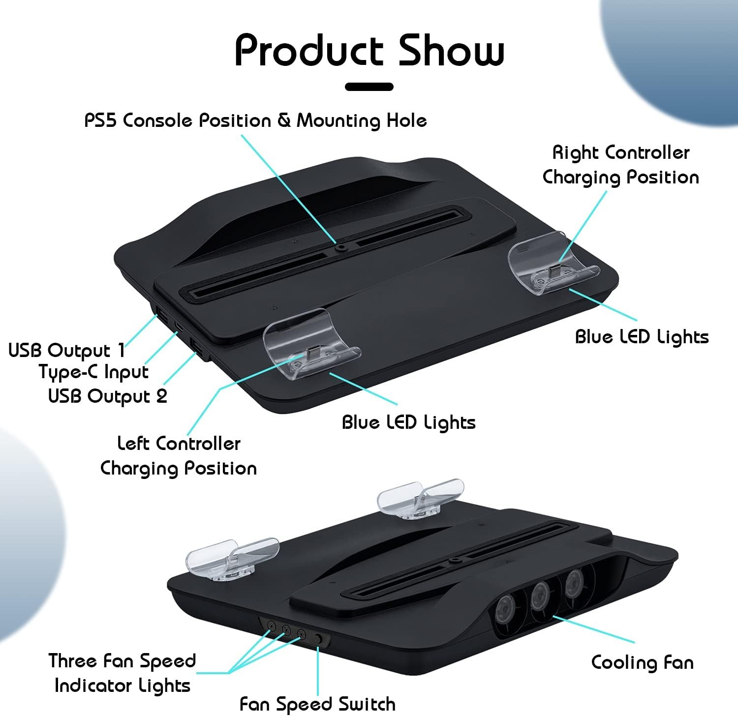 Mcbazel Cooling Fan and Dual Controller Charger Station for PS5 Console, Cooler