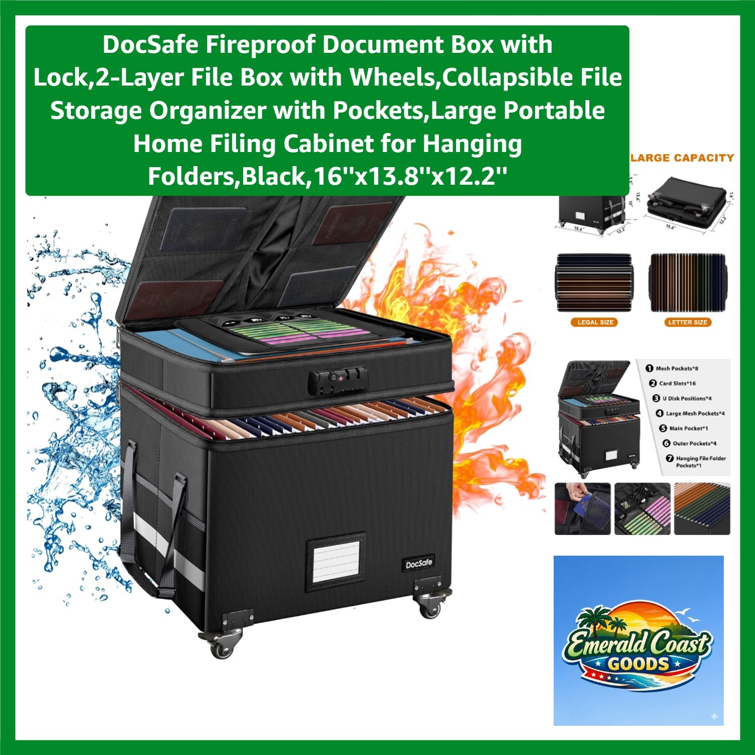 Collapsible Fireproof File Box with Lock and Wheels - Secure Document Storage