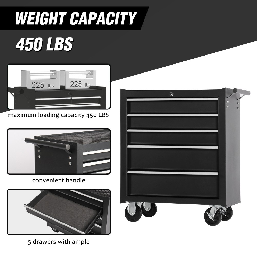 Tool Organizer Wheels Box with 5 Drawer Lock & Key, Top Cushion & Drawer Liners