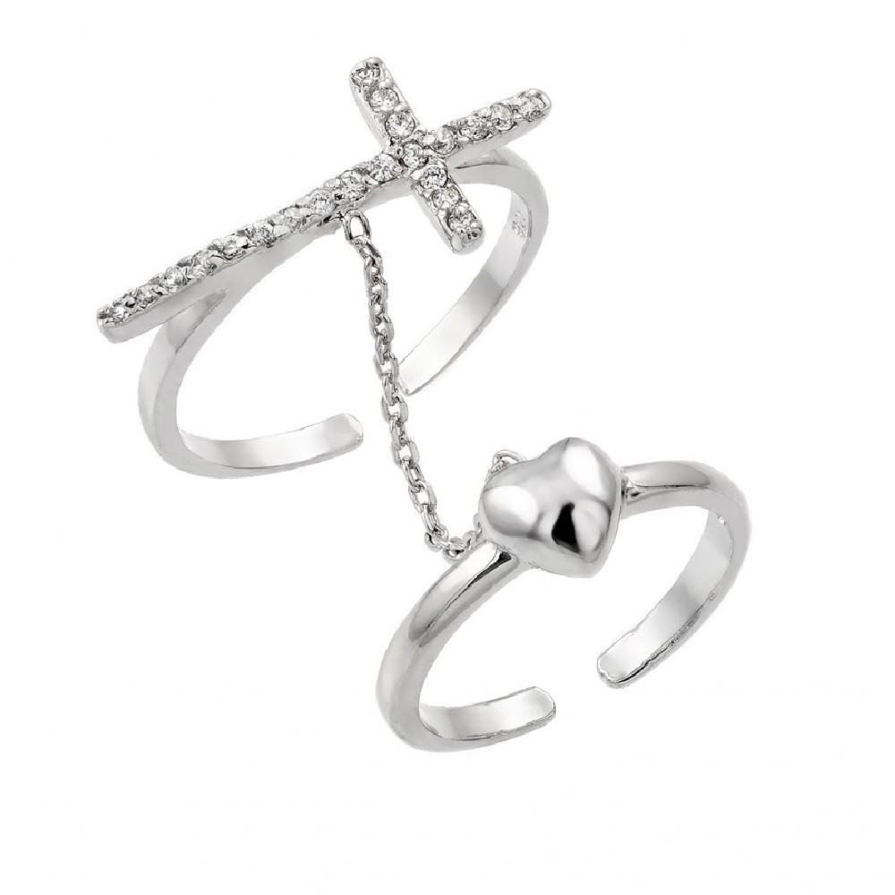 Sterling Silver CZ Stones Cross & Heart Open Slave Toe / Knuckle Ring