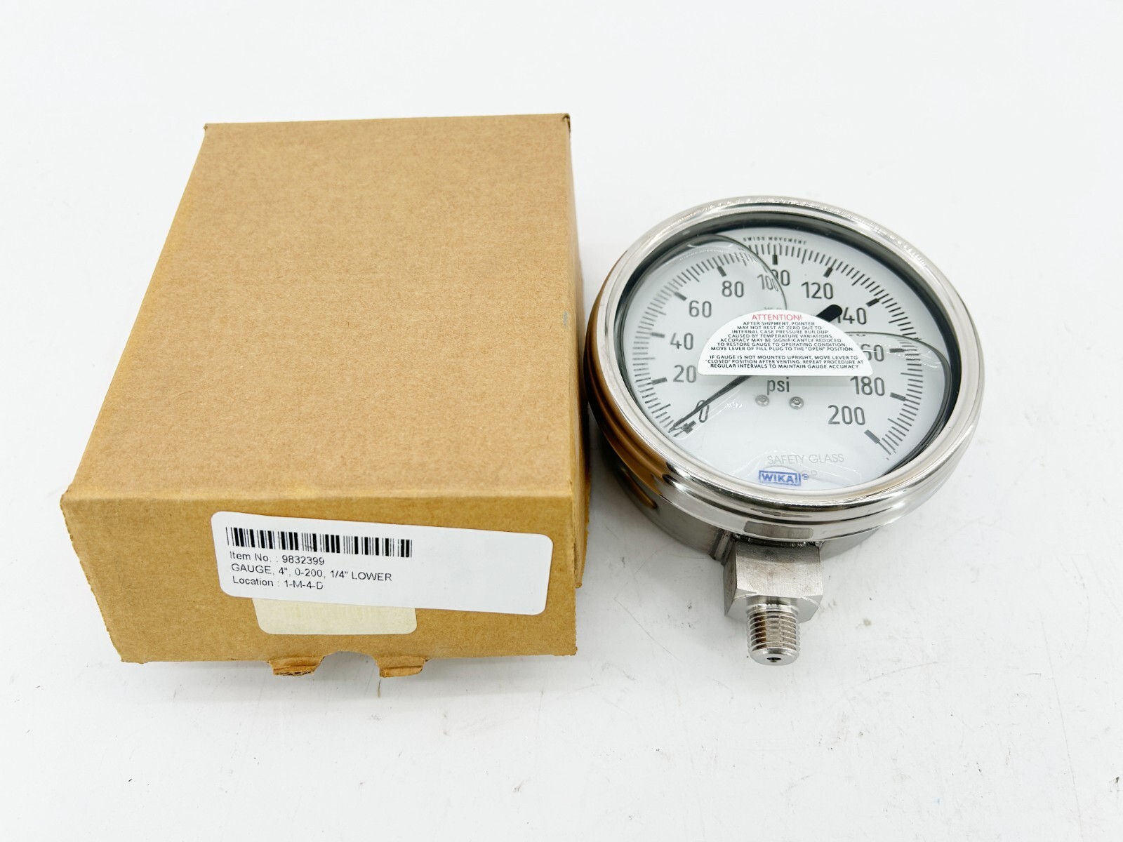New Wika 9832399 Pressure Gauge 4" Dial 1/4" Thread 0-200PSI 316 SS