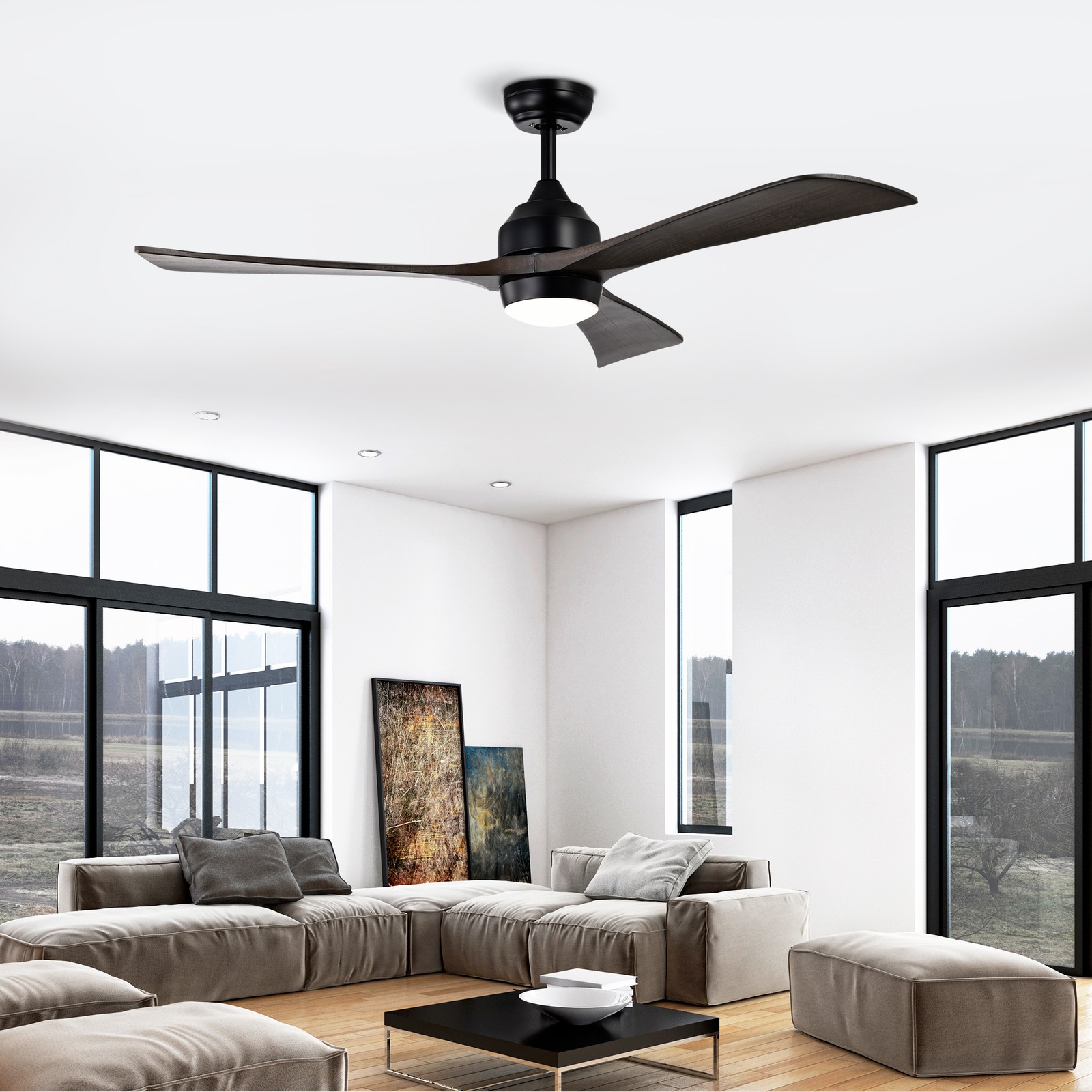 52"Solid Wood Blades Ceiling Fan Lights Remote Control,Quiet DC Motor 3 Blade