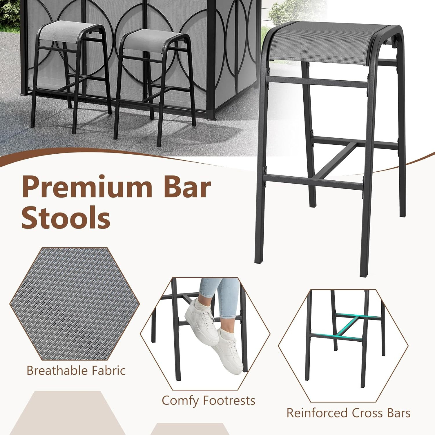 Stylish 3-Piece Patio Bar Set with Canopy, Glass Table & Stools - Grey