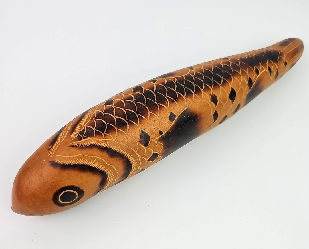 Etched Fish Hand Carved from Peru Aquatic Artisan Brown Gourd 11 inches Signed