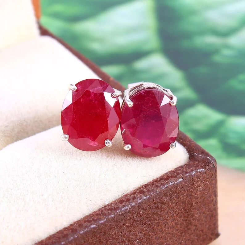 Natural Ruby 8x10mm Gemstone  925 Sterling Silver Handmade Stud For Gift Her