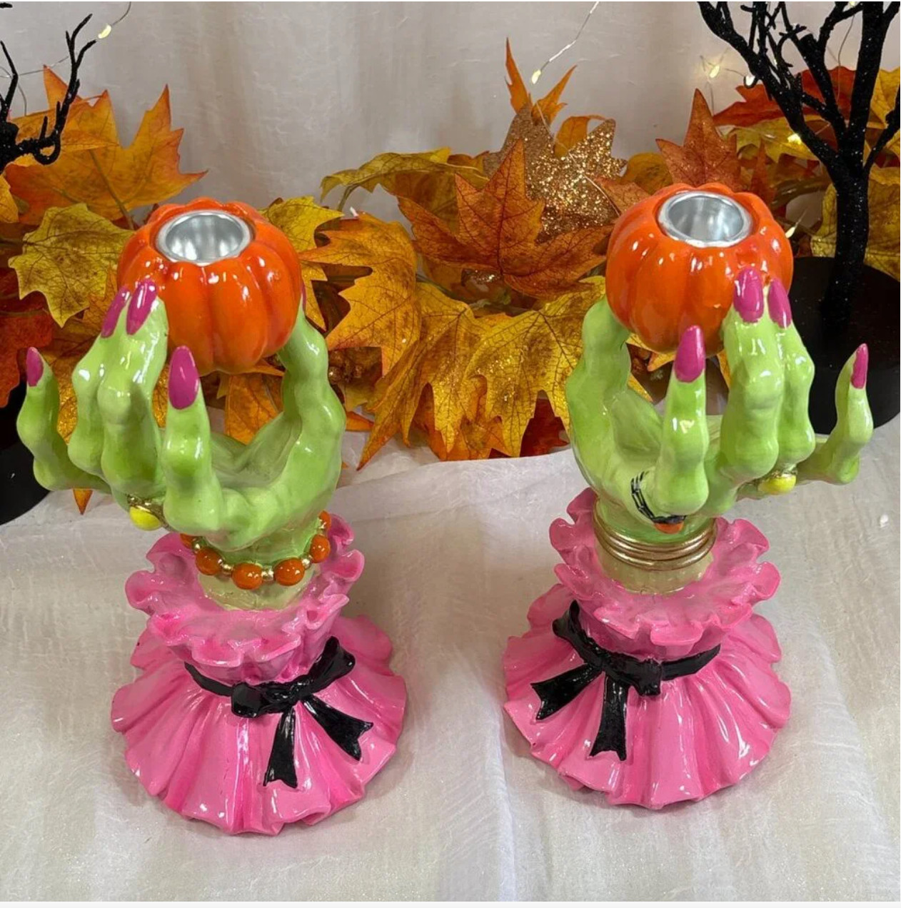 Witches Taper Candle holders Halloween Decor Witch Hands and Pumpkin New PAIR