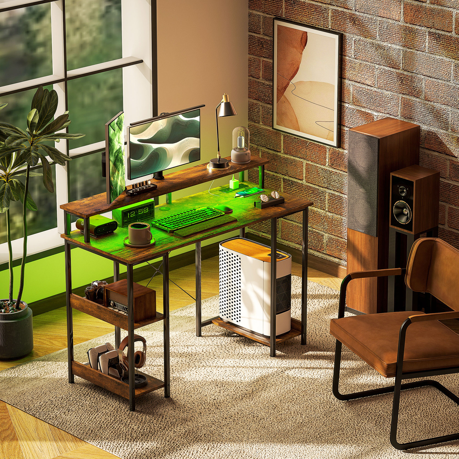 47" Reversible Computer Desk with Lights Home Office Desk Rustic Brown