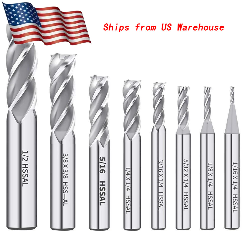 1/2" 3/8" 5/16" 1/4" 3/16" 5/32" 1/8" 1/16" 8pcs HSS 4 Flute Straight End Mill