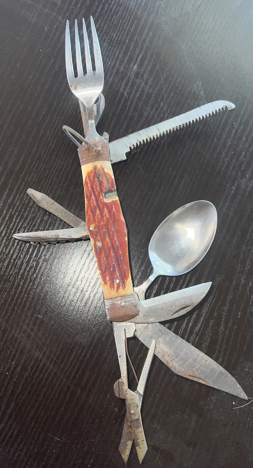 Vintage 11-in-1 Stainless Steel Multi-tool with leather sheath Carved Handle