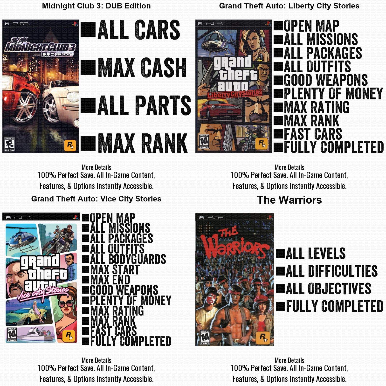 GTA Liberty Vice City Stories Warriors Midnight Club Rockstar 100% PSP SAVE CARD
