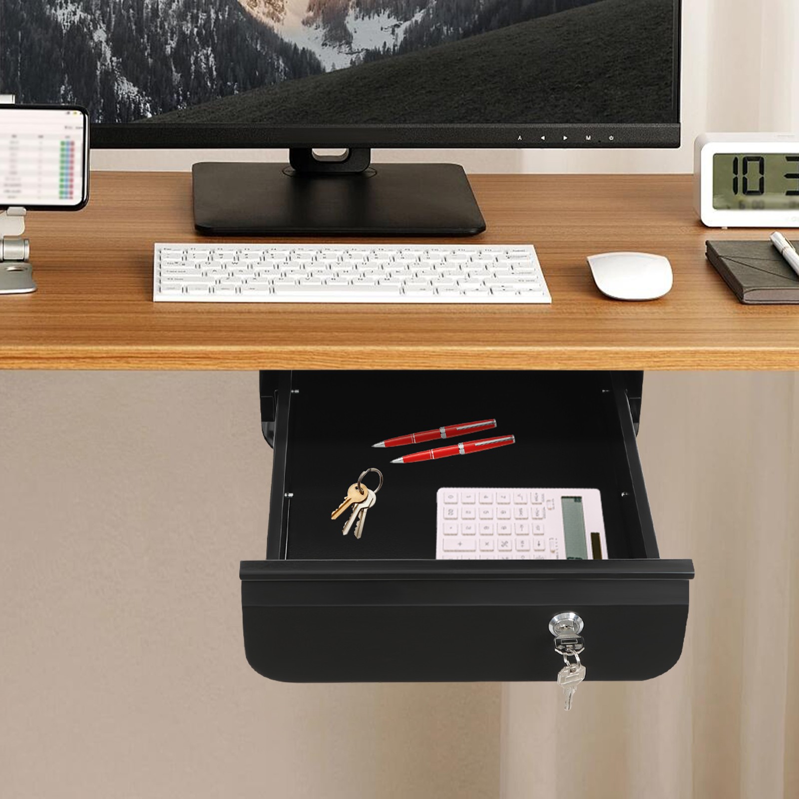 Lockable Under-Desk Sliding Steel Drawer 11.5 × 14.3 In Black