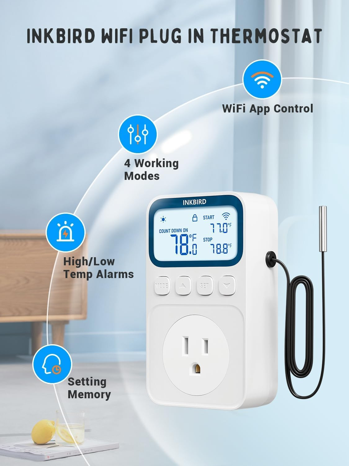 Plug in Thermostat Wifi 1800W 15A Heating Cooling Timer Countdown Mode
