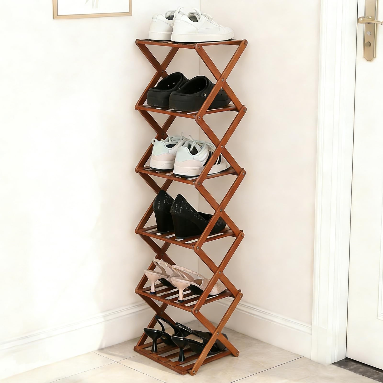 Bamboo Shoe Rack 6 Tier Foldable Shoe Rack Narrow Vertical Shoe Organizer Fre...