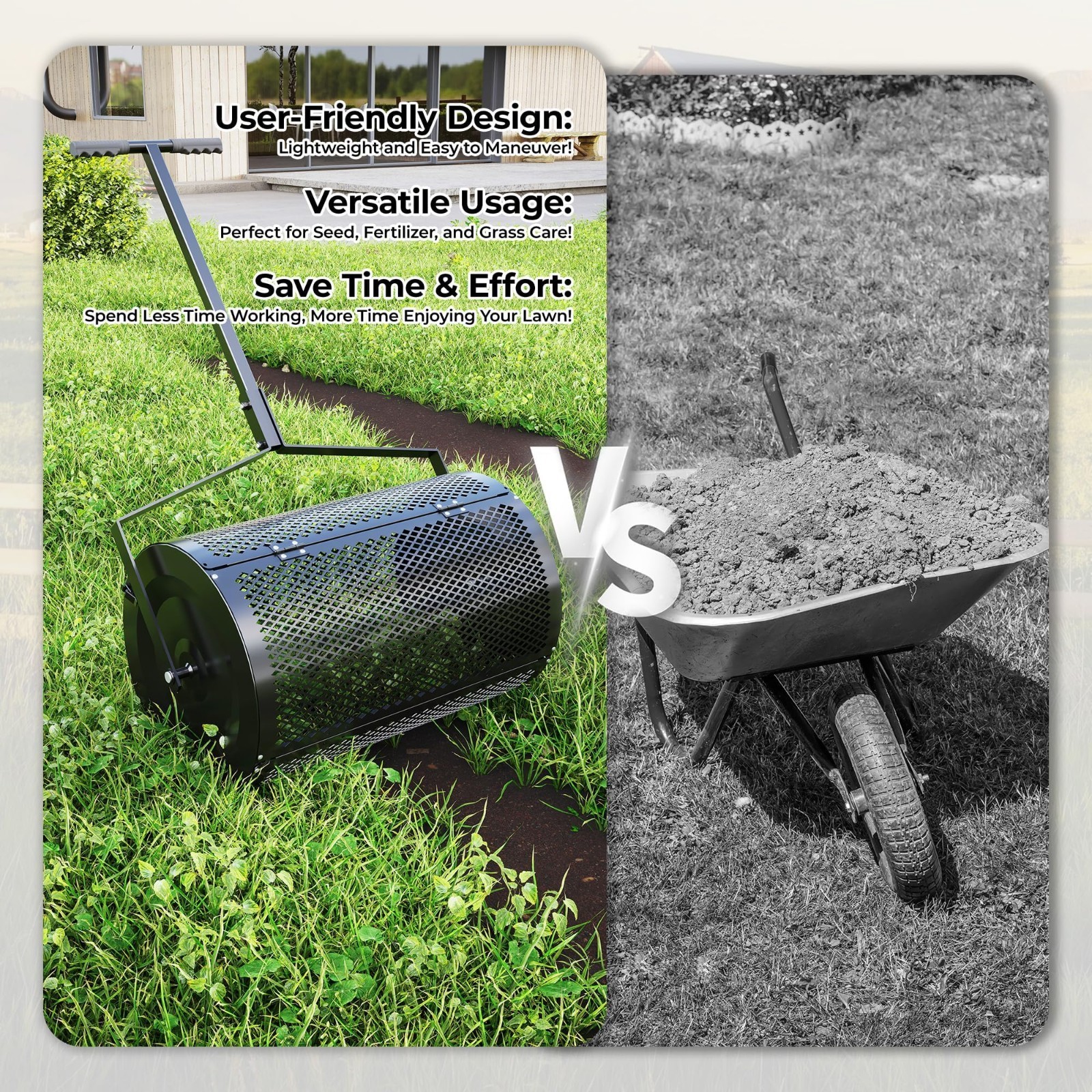 Compost Spreader Peat Moss Spreader 24" Wide Sphagnum Roller for Topsoil