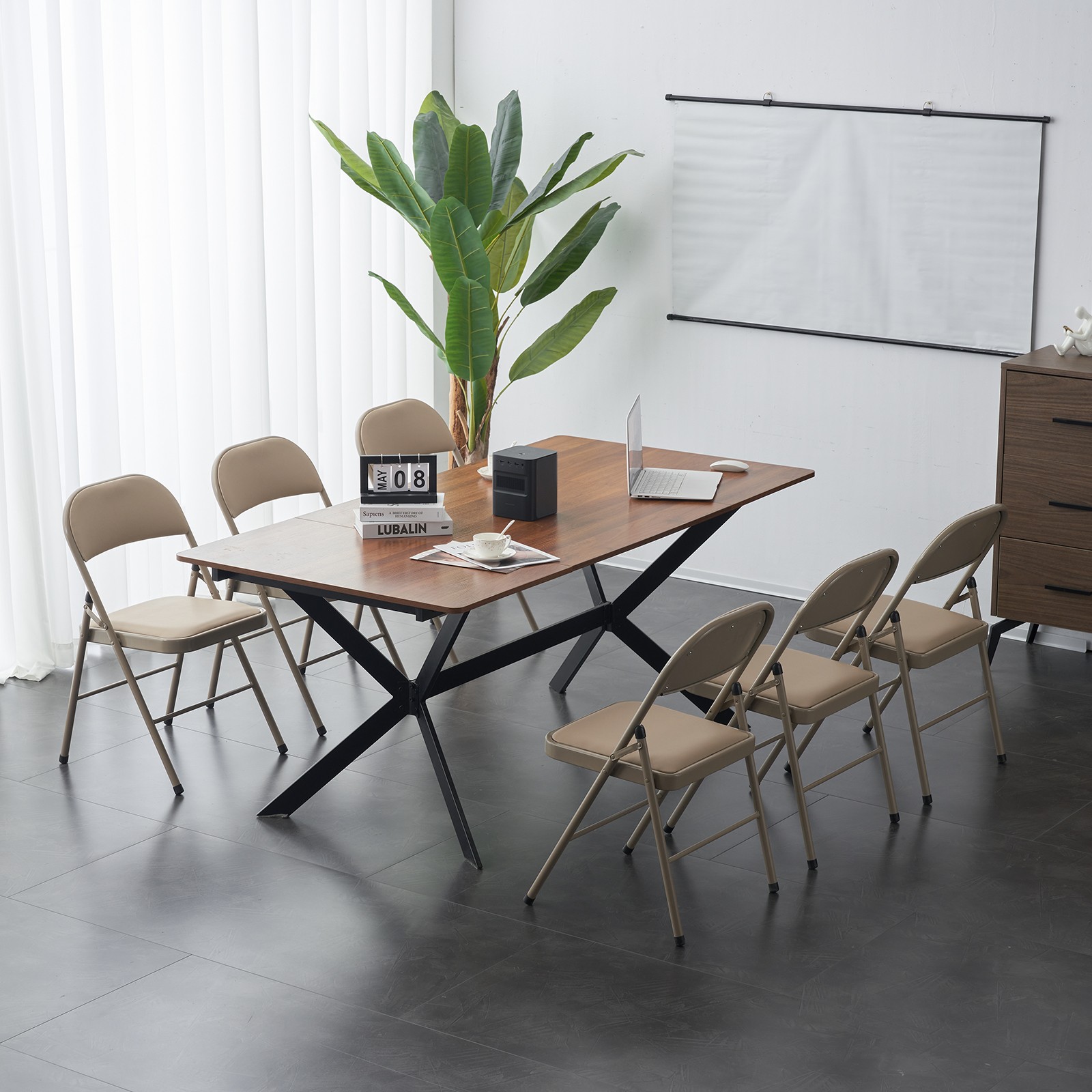 4pcs Elegant Foldable Iron & PVC Chairs for Convention & Exhibition Light Brown