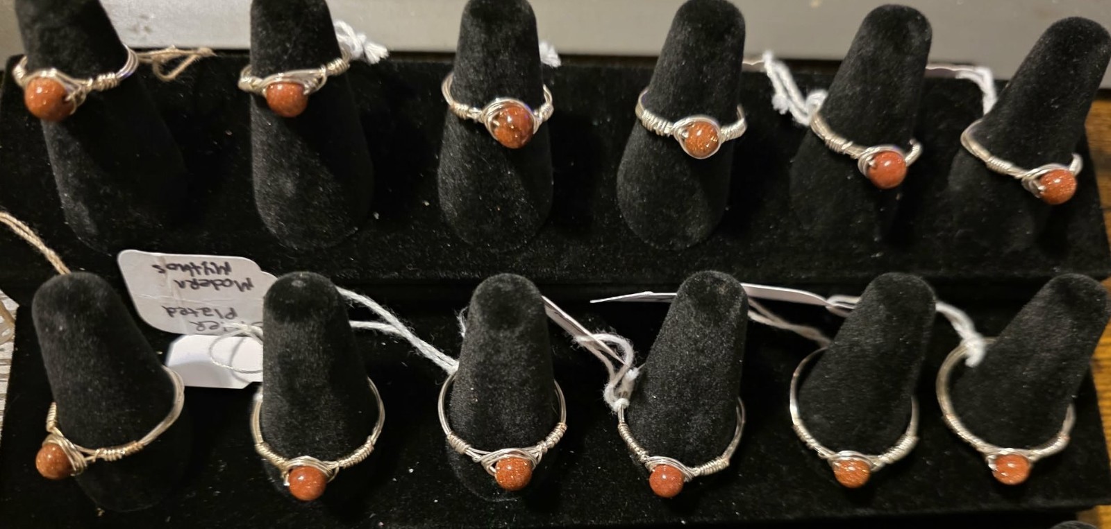 Handmade sizes 4 - 15 Wire-Wrapped Goldstone Rings with Silver-Plated Wire