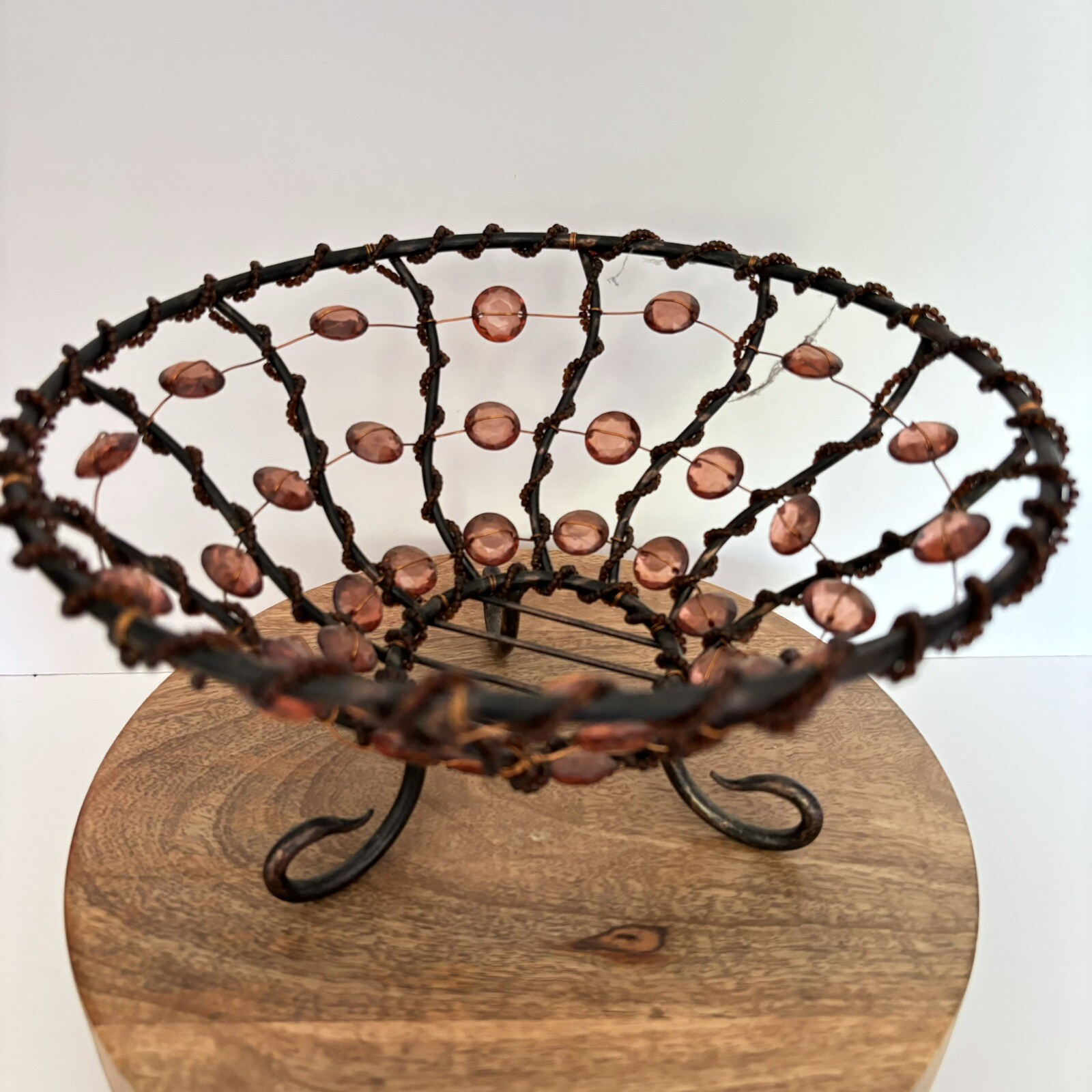 Metal Wire Beaded Basket Bowl Amber Beads Fall