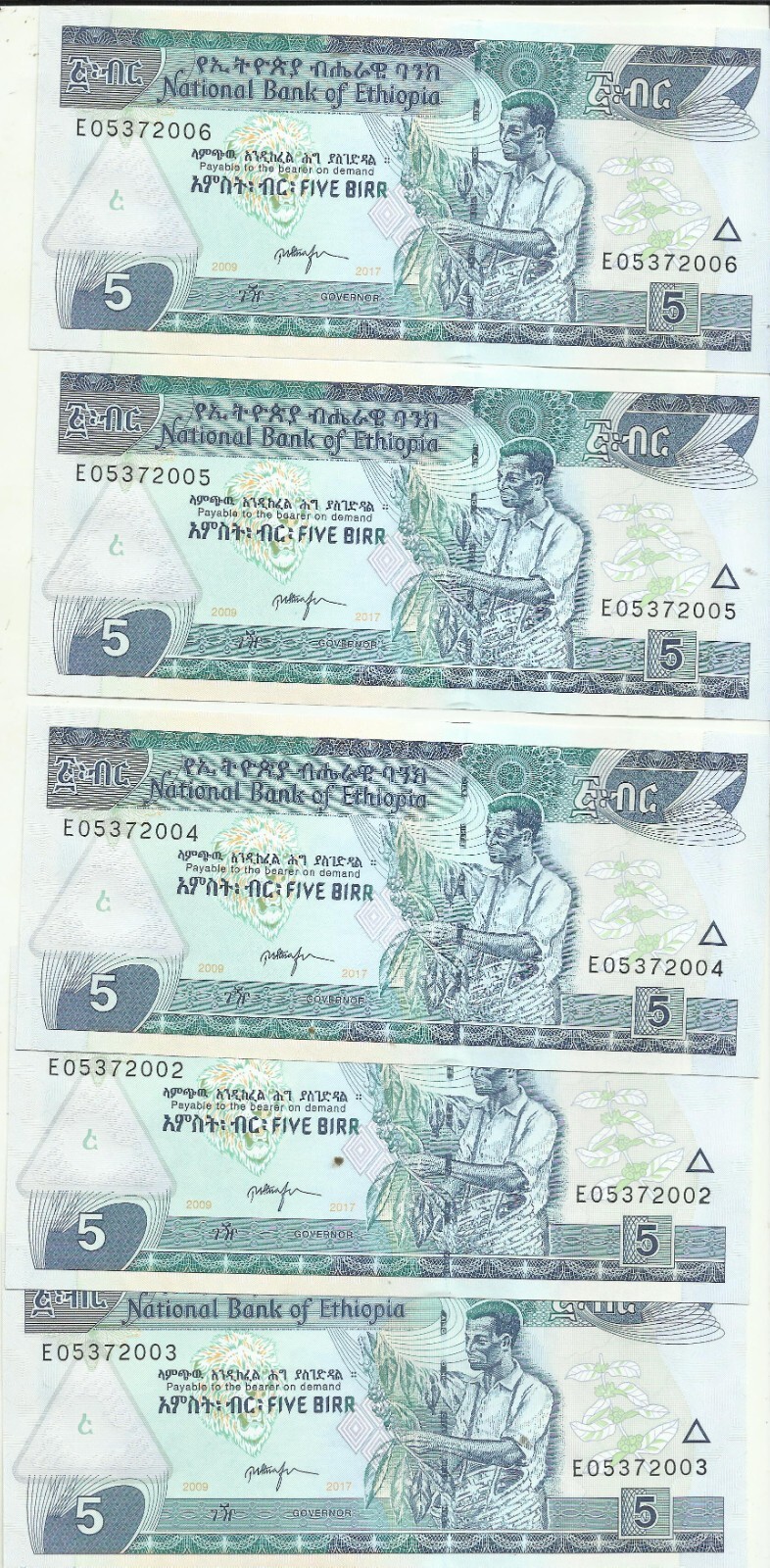 ETHIOPIA LOT 5x Birr, 2009 p 47. UNC CONDITION. 3RW 04DES