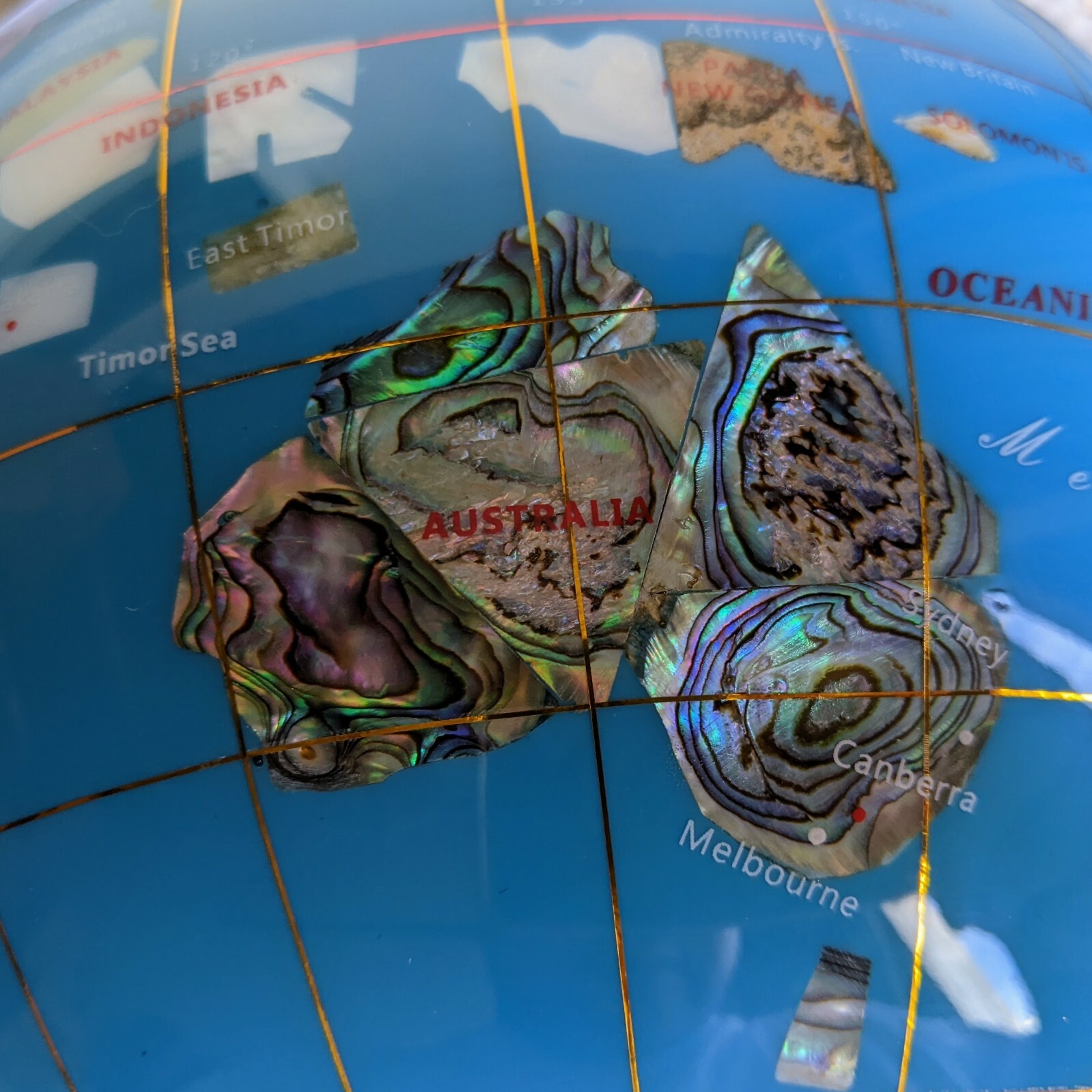 13" Turquoise ocean Gold 4- leg table stand Gem Gemstone World MAP globe