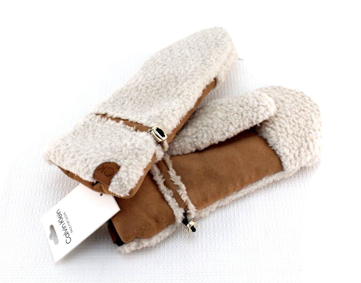 CALVIN KLEIN One Size Faux Shearling & Faux Suede with CK Logo Mittens MSRP $48