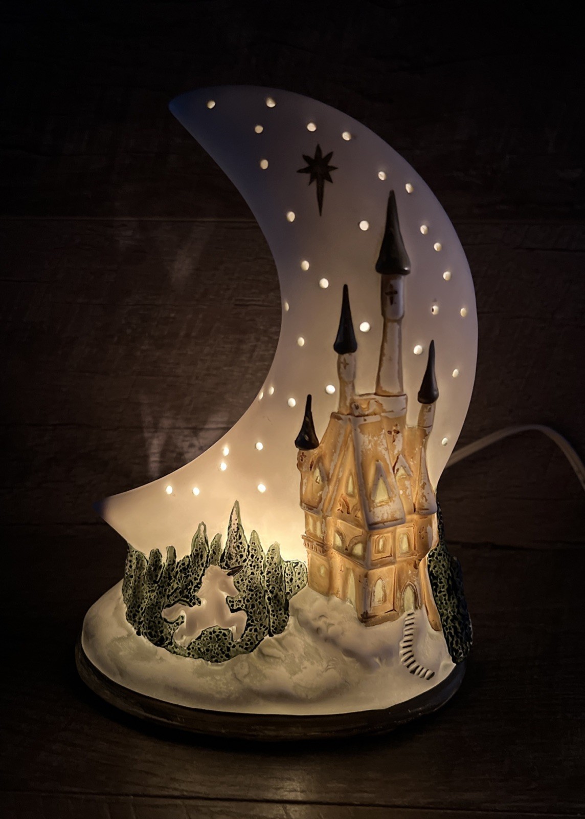 Vintage 1993 Ceramic Moon & Star Lamp w/ Unicorns Moon Night Light -Works GREAT!
