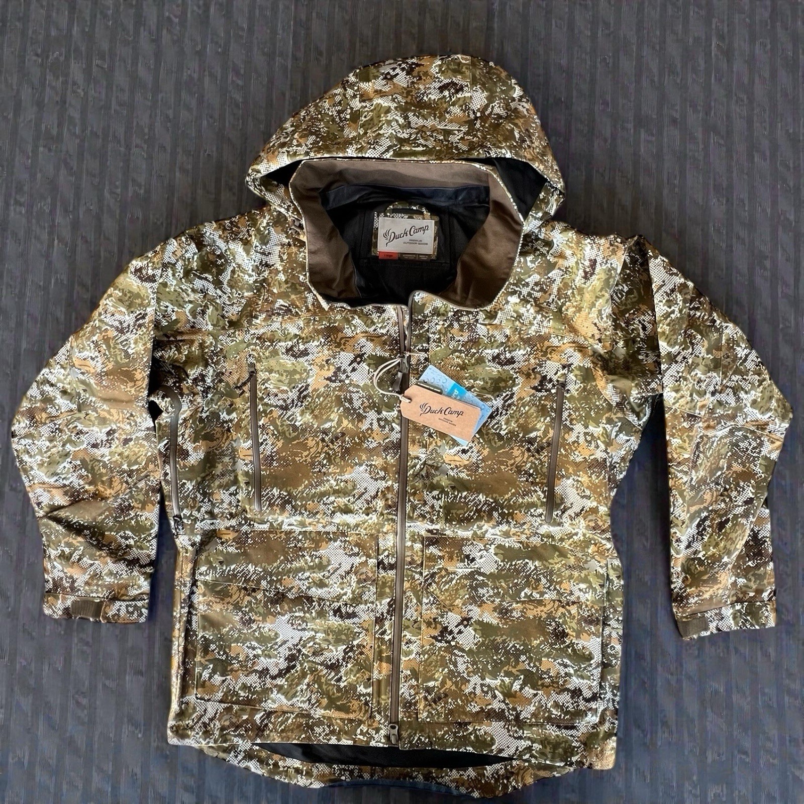 Duck Camp Jacket Large Brown Green Camo 3L Midweight Rain Hunting NEW w/ TAG!