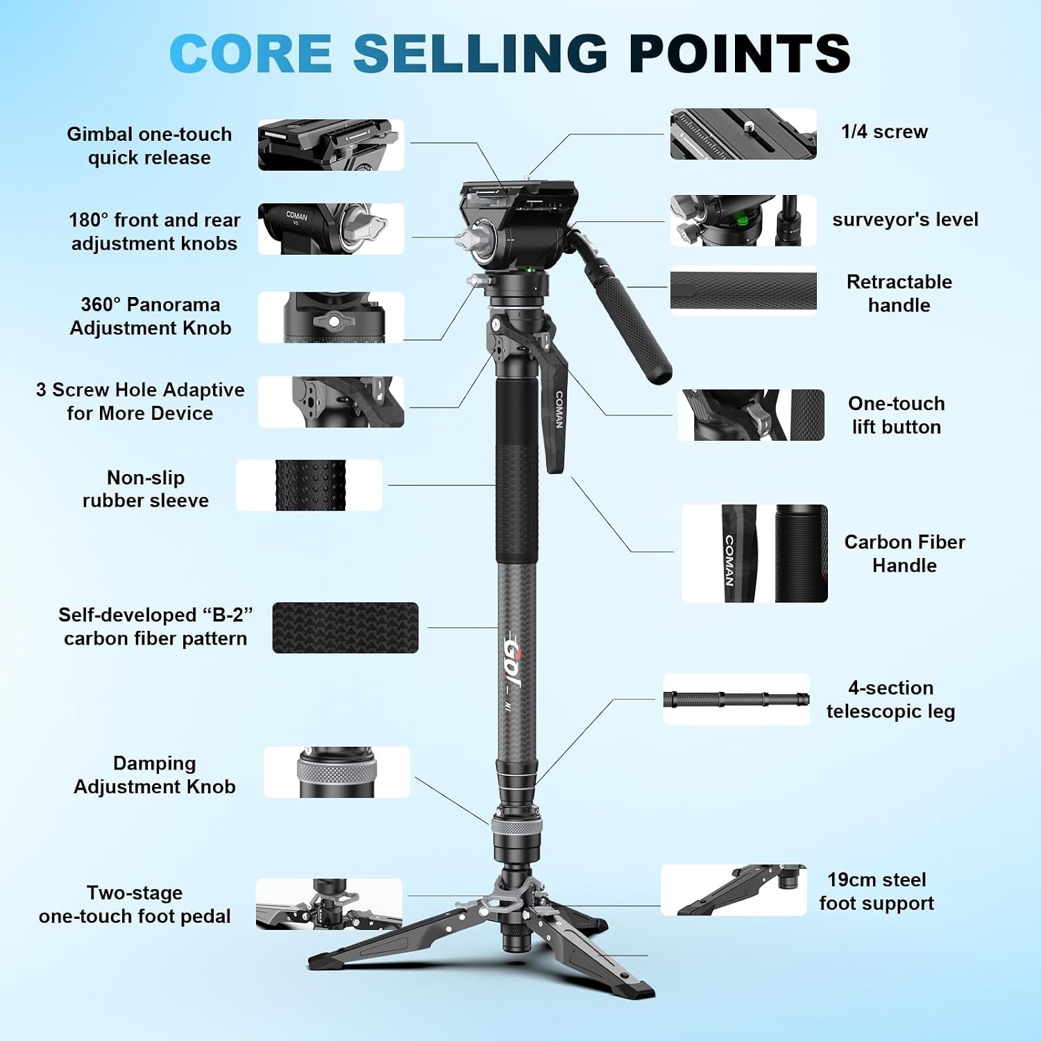 COMAN M1 M1V5 Portable Carbon Fiber Camera Monopod Lightweight Quick Released