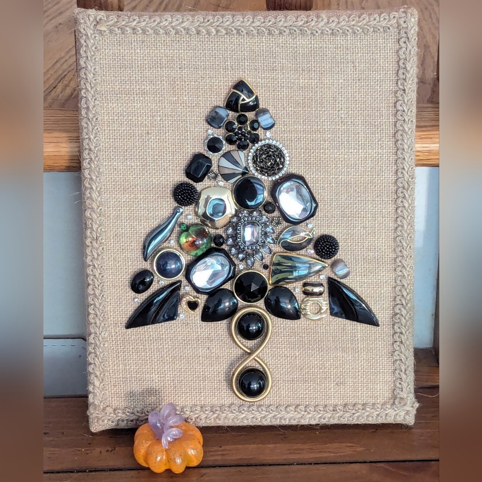 Handmade Vintage Upcycled Jewelry Black Halloween Christmas Tree Wall Decor 8x10