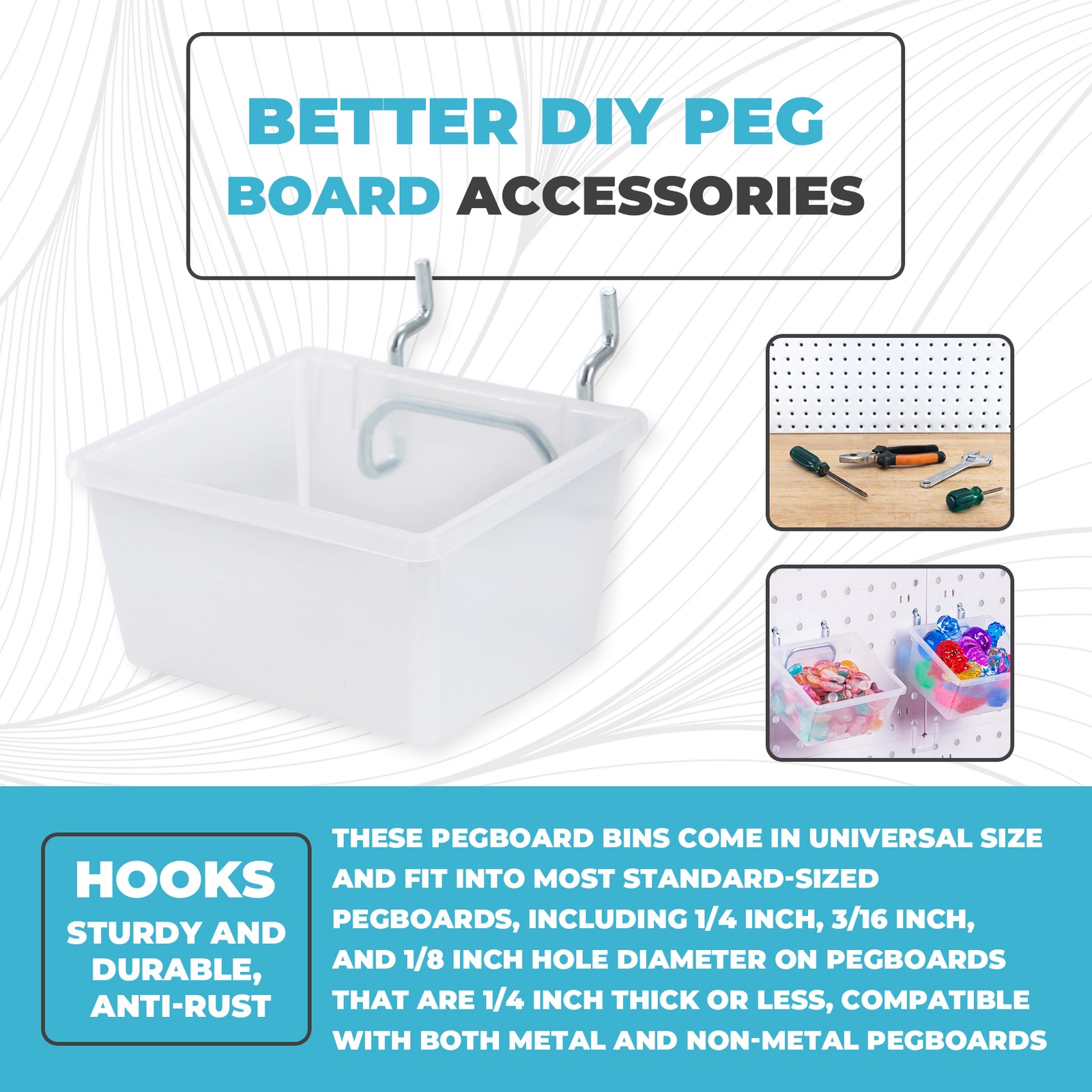 6 Pack Pegboard Clear Bins, Pegboard Bins Hooks, DIY Pegboard Accessories,4475