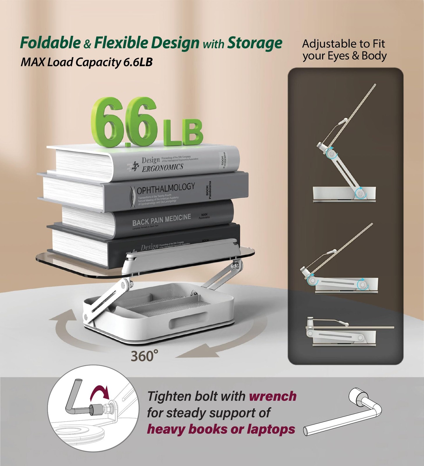 Acrylic Book Stand with Storage, 360° Rotating, Foldable Storage