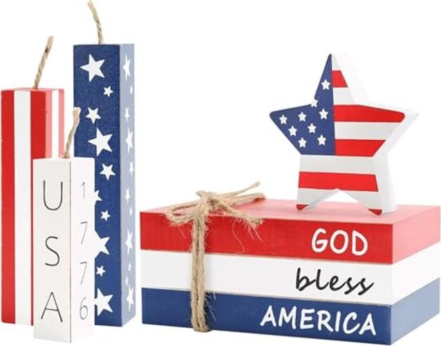 4th of July Decorations Patriotic Memorial Day Decor, Tabletop Wood Faux Book