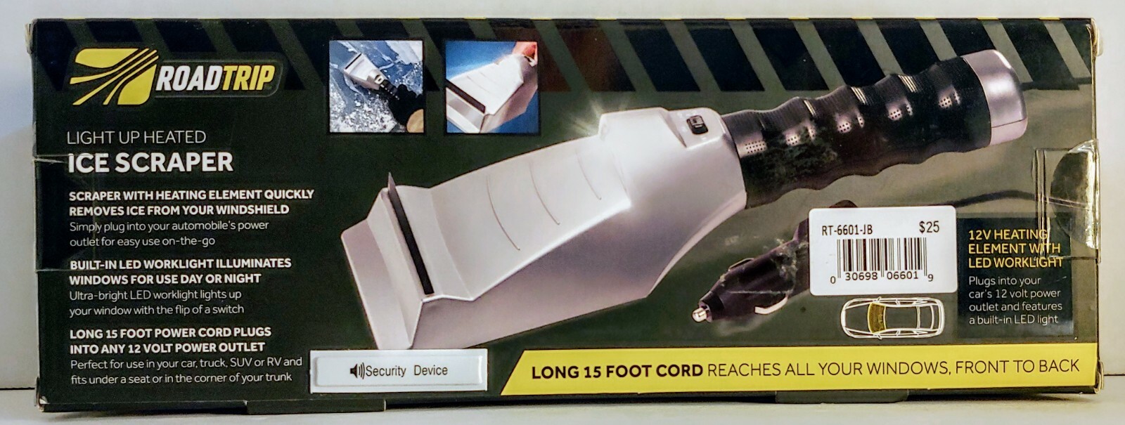 12V Heated Auto Windshield Scraper w/LED Flashlight Melts Away Ice in Seconds