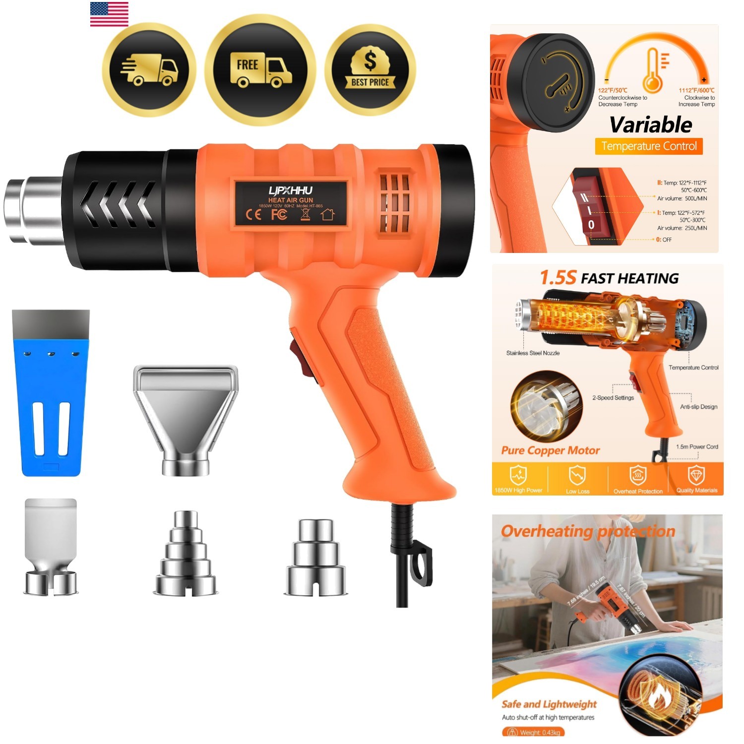 1.5s Fast Heat Heavy Duty Hot Air Gun Good Temp Control 122℉-1112℉50-600℃）Ove...