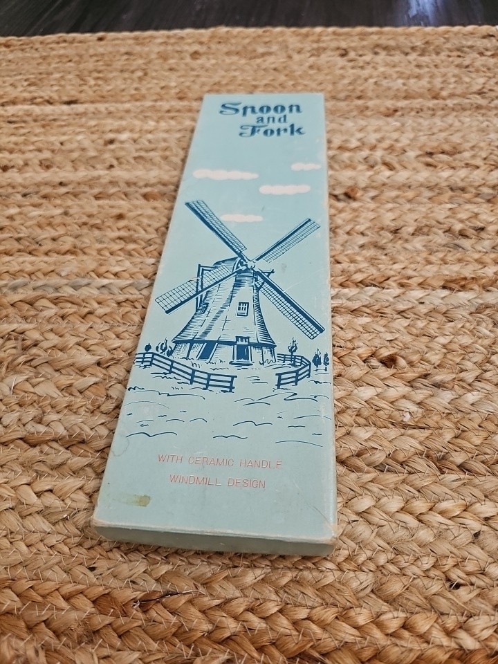 Vintage Spoon and Fork Salad Utensils With Ceramic Handle (WINDMILL DESIGN)
