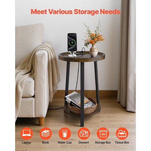 End Table, 2-Tier Round Side Table with Open Storage Shelves, Modern Nightstand