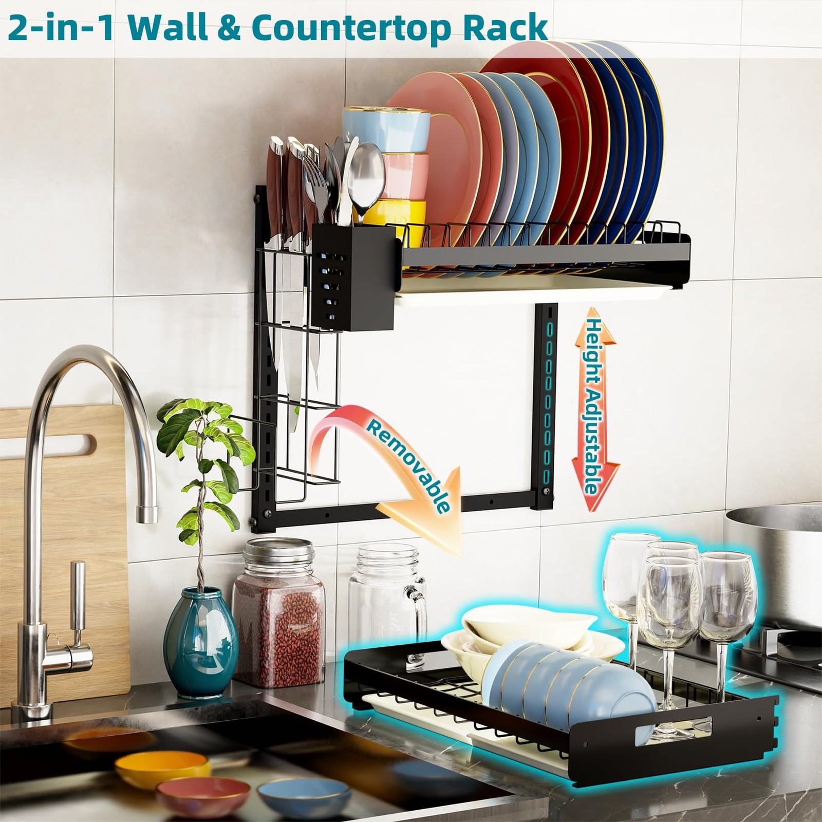 Hanging Wall Mounted Dish Drying Rack, Cutting Board Rack*1, Hook*4, Drain Tr...