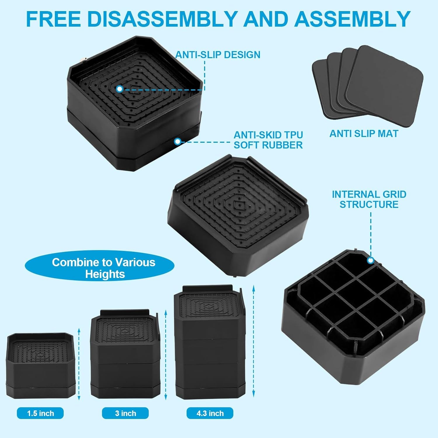 Heavy Duty Furniture Risers, Stackable Bed Risers, Adjustable Bed Raising Blocks