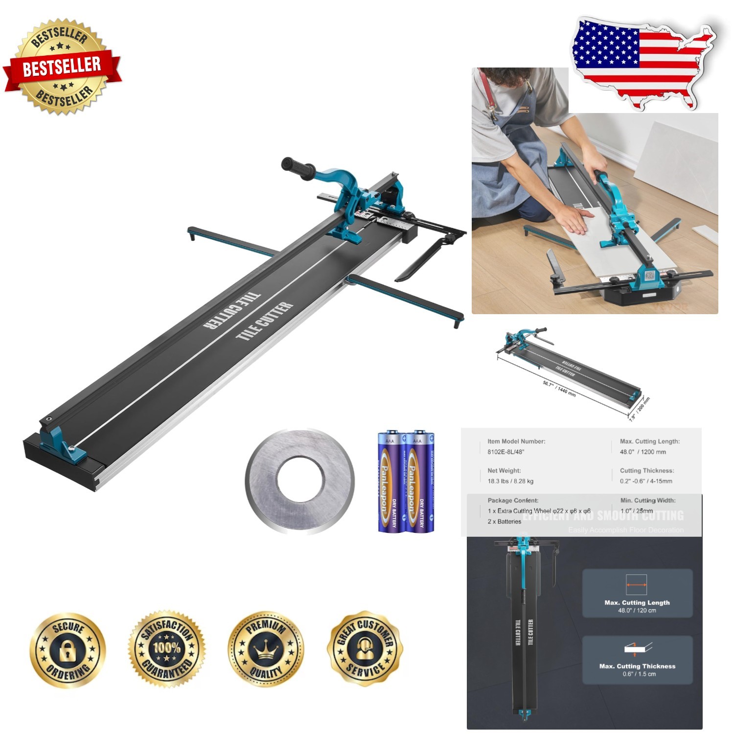 Professional 48" Ceramic Tile Cutter - Infrared Guide, Tough Wheel, Stable Base